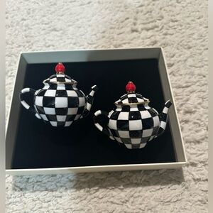 MacKenzie-Childs Black and White Checkered Teapot Salt and Pepper with Red Tops